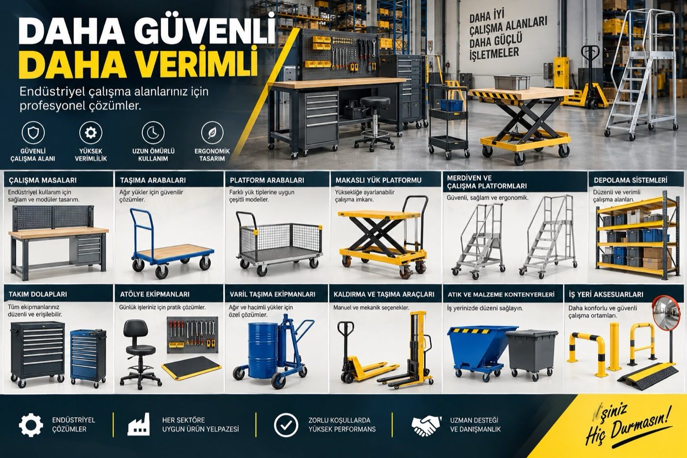 Endüstriyel çalışma alanı ekipmanları: çalışma masaları, taşıma arabaları, platform arabaları, makaslı yük platformu, merdiven ve çalışma platformları, depolama sistemleri