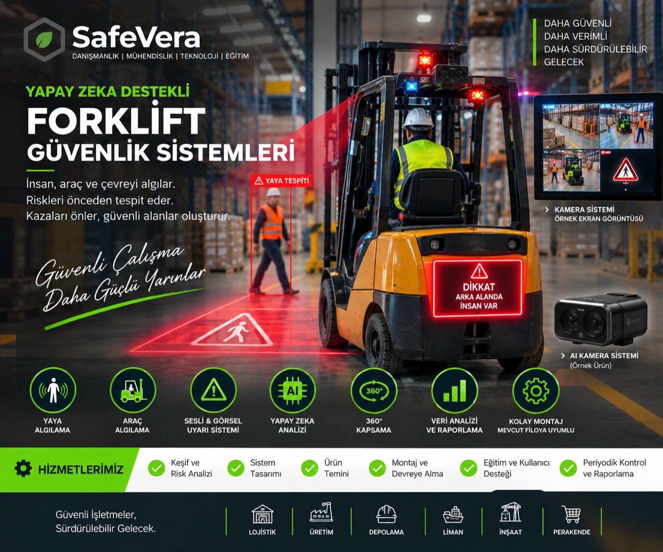 Yapay zekâ destekli forklift güvenlik sistemleri: yaya algılama, araç algılama, sesli ve görsel uyarı, 360 derece kapsama ve veri analizi