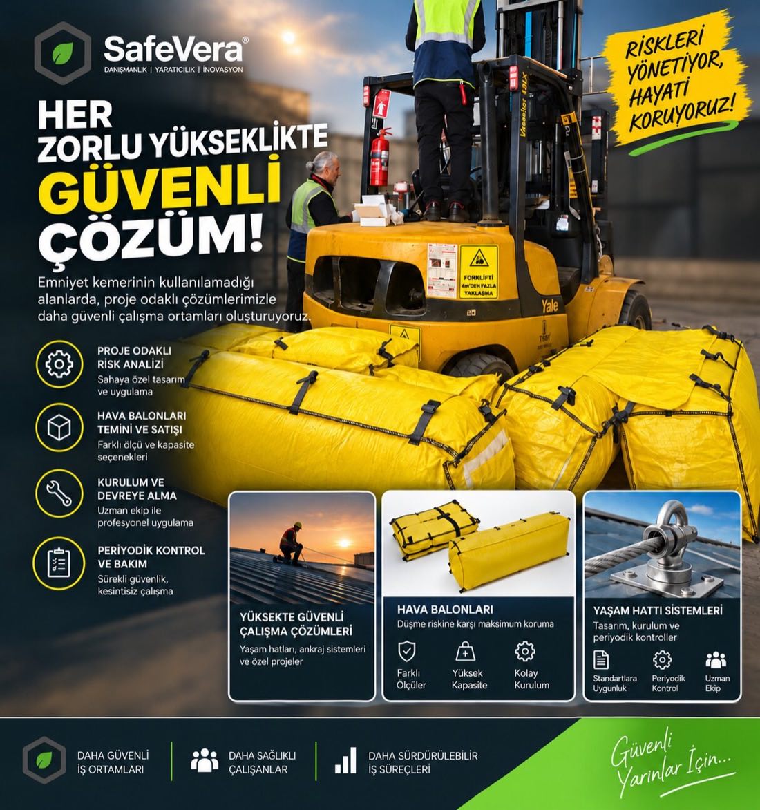 Her zorlu yükseklikte güvenli çözüm: hava balonları, yaşam hatları ve ankraj sistemleri