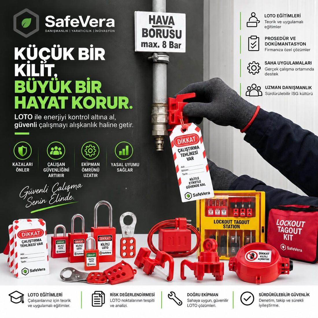 LOTO: kilitleme ve etiketleme ile enerjinin kontrol altına alınması, kilitler, hasplar, vana kilitleri ve LOTO istasyonu